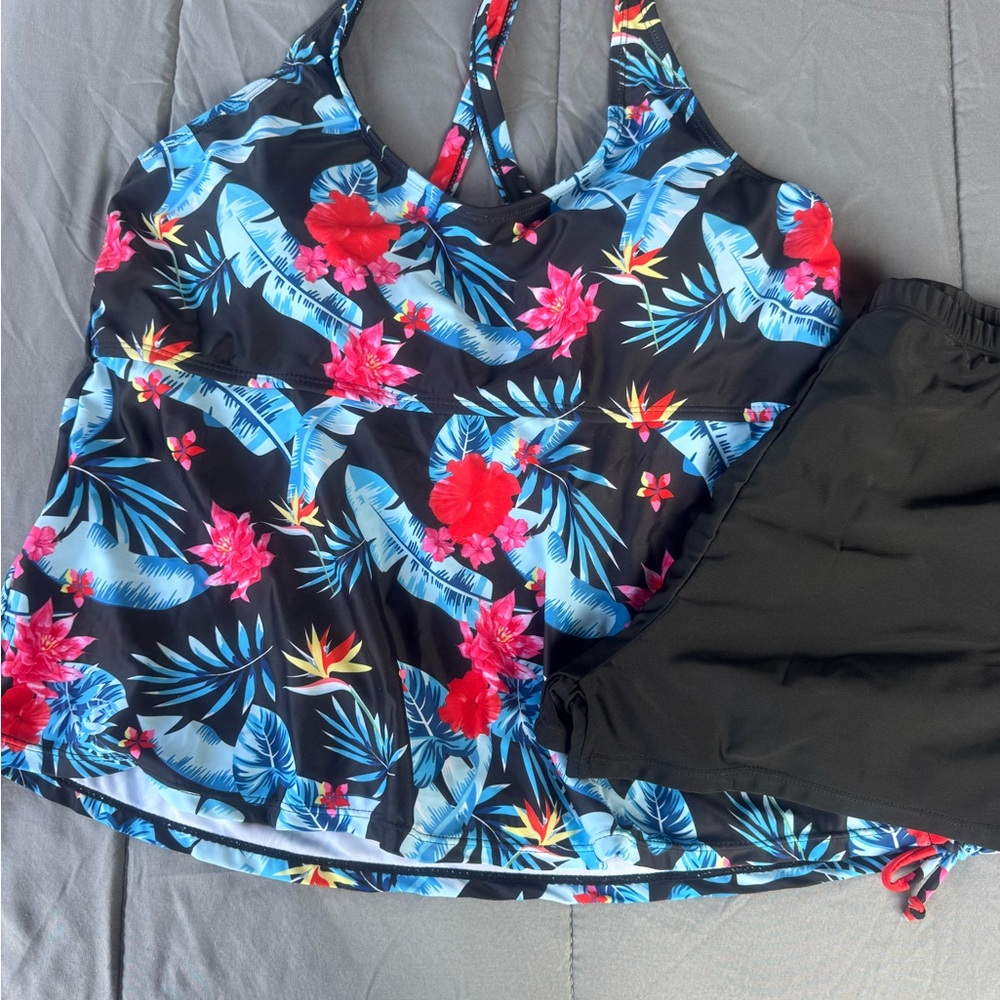 Floral Tankini Top and Black Shorts Set